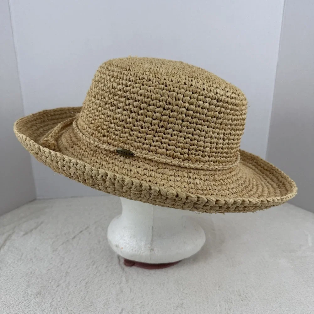 Scala Crocheted Twisted Raffia Straw Boater Hat with Drawstring One Size Natural